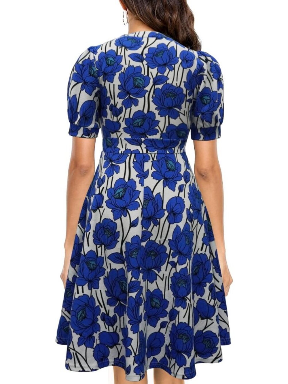 Women's Blue Floral Pattern Fit & Flare Midi Dress Puff Sleeve with Pockets - Picture 2 of 2